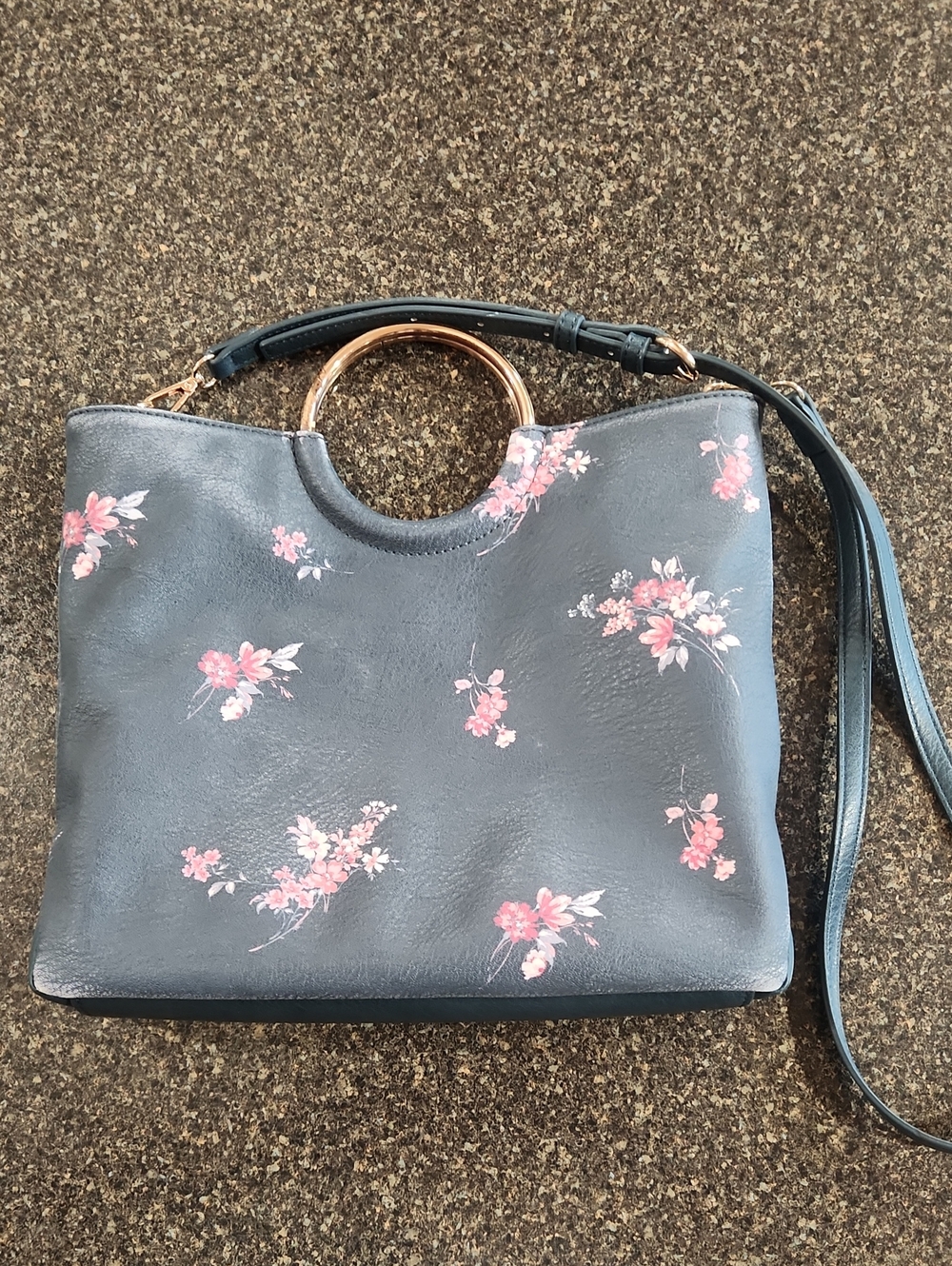 Lauren Conrad Floral Ring-Handle Shoulder Bag Blue with Pink Accents